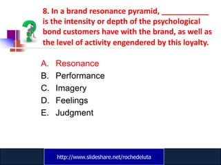 8. In a brand resonance pyramid, ___________
is the intensity or depth of the psychological
bond customers have with the brand, as well as
the level of activity engendered by this loyalty.

A.   Resonance
B.   Performance
C.   Imagery
D.   Feelings
E.   Judgment




     http://www.slideshare.net/rochedeluta
             www.catansay.blogspot.com
 