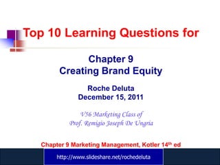 Top 10 Learning Questions for

              Chapter 9
        Creating Brand Equity
                 Roche Deluta
               December 15, 2011

               V56 Marketing Class of
           Prof. Remigio Joseph De Ungria

  Chapter 9 Marketing Management, Kotler 14th ed
       http://www.slideshare.net/rochedeluta
               www.catansay.blogspot.com
 