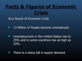Facts & Figures of Economic Crisis As a Result of Economic Crisis  13 Million of People became unemployed. Unemployment in the United States rise to 25% and in some countries rise as high as 33%. There is a sharp fall in export demand. 