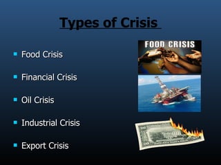 Types of Crisis  Food Crisis Financial Crisis Oil Crisis  Industrial Crisis Export Crisis  
