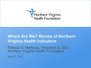 Where Are We? Review of Northern
Virginia Health Indicators
Patricia N. Mathews, President & CEO,
Northern Virginia Health Foundation
May 31, 2013
 