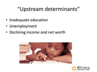 “Upstream determinants”
• Inadequate education
• Unemployment
• Declining income and net worth
 