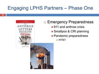 Engaging LPHS Partners – Phase One
 Emergency Preparedness
 911 and anthrax crisis
 Smallpox & CRI planning
 Pandemic preparedness
 H1N1
44
 
