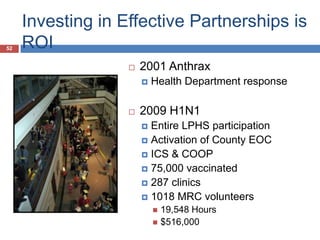 Investing in Effective Partnerships is
ROI
 2001 Anthrax
 Health Department response
 2009 H1N1
 Entire LPHS participation
 Activation of County EOC
 ICS & COOP
 75,000 vaccinated
 287 clinics
 1018 MRC volunteers
 19,548 Hours
 $516,000
52
 
