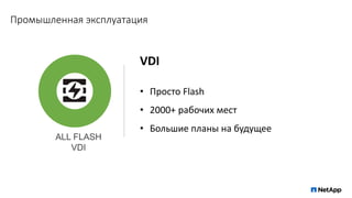 Промышленная эксплуатация
VDI
• Просто Flash
• 2000+ рабочих мест
• Большие планы на будущее
ALL FLASH
VDI
 