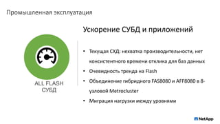 Промышленная эксплуатация
Ускорение СУБД и приложений
• Текущая СХД: нехватка производительности, нет
консистентного времени отклика для баз данных
• Очевидность тренда на Flash
• Объединение гибридного FAS8080 и AFF8080 в 8-
узловой Metrocluster
• Миграция нагрузки между уровнями
ALL FLASH
СУБД
 