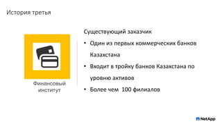 История третья
Финансовый
институт
Существующий заказчик
• Один из первых коммерческих банков
Казахстана
• Входит в тройку банков Казахстана по
уровню активов
• Более чем 100 филиалов
 