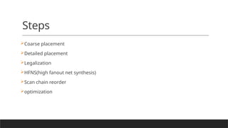 Steps
Coarse placement
Detailed placement
Legalization
HFNS(high fanout net synthesis)
Scan chain reorder
optimization
 