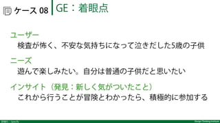 詳細化：Specify Design Thinking Institute
  ケース
ユーザー
 検査が怖く、不安な気持ちになって泣きだした5歳の子供
ニーズ
 遊んで楽しみたい。自分は普通の子供だと思いたい
インサイト（発見：新しく気がついたこと）
 これから行うことが冒険とわかったら、積極的に参加する
GE：着眼点08
 
