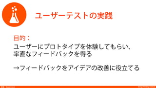 Design Thinking InstituteDesign Thinking Institute実験：Experiment
 
ユーザーテストの実践
目的：
ユーザーにプロトタイプを体験してもらい、
率直なフィードバックを得る
→フィードバックをアイデアの改善に役立てる
 