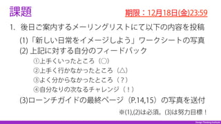 Design Thinking Institute
課題
1.  後日ご案内するメーリングリストにて以下の内容を投稿
 
(1)「新しい日常をイメージしよう」ワークシートの写真
(2) 上記に対する自分のフィードバック 
   ①上手くいったところ（⃝）
   ②上手く行かなかったところ（△）
   ③よく分からなかったところ（？）
   ④自分なりの次なるチャレンジ（！）
(3)ローンチガイドの最終ページ（P.14,15）の写真を送付
期限：12月18日(金)23:59
※(1),(2)は必須。(3)は努力目標！
 
