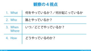 Design Thinking InstituteDesign Thinking Institute発見：Discover
1.  What 何をやっているか？／何が起こっているか
2.  Who   誰とやっているか？
3.  When いつ／どこでやっているか？
Where
4.  How どうやっているのか？
観察の４視点
 