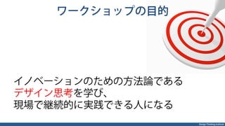 Design Thinking Institute
イノベーションのための方法論である
デザイン思考を学び、
現場で継続的に実践できる人になる
ワークショップの目的
 