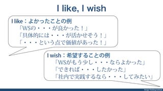 Design Thinking Institute
I like, I wish
I like：よかったことの例
 「WSの・・・が良かった！」
 「具体的には・・・が活かせそう！」
 「・・・という点で価値があった！」
I wish：希望することの例
 「WSがもう少し・・・ならよかった」
 「できれば・・・したかった」
 「社内で実践するなら・・・してみたい」
 