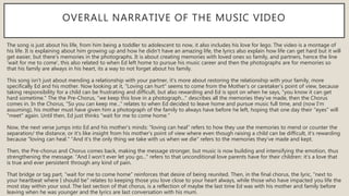 OVERALL NARRATIVE OF THE MUSIC VIDEO
The song is just about his life, from him being a toddler to adolescent to now, it also includes his love for lego. The video is a montage of
his life. It is explaining about him growing up and how he didn't have an amazing life, the lyrics also explain how life can get hard but it will
get easier, but there's memories in the photographs. It is about creating memories with loved ones so family, and partners, hence the line
'wait for me to come', this also related to when Ed left home to pursue his music career and then the photographs are for memories so
that his family are always in his heart, its a way to not forget about his family.
This song isn't just about mending a relationship with your partner, it's more about restoring the relationship with your family, more
specifically Ed and his mother. Now looking at it, "Loving can hurt" seems to come from the Mother's or caretaker's point of view, because
taking responsibility for a child can be frustrating and difficult, but also rewarding and Ed is spot on when he says, "you know it can get
hard sometime." The the Pre-Chorus, "we keep this love in a photograph..." describes all the memories they've made, then the Chorus
comes in. In the Chorus, "So you can keep me..." relates to when Ed decided to leave home and pursue music full time, and (now I'm
assuming), his mother must have given him a photograph of the family to always have before he left, hoping that one day their "eyes" will
"meet" again. Until then, Ed just thinks "wait for me to come home."
Now, the next verse jumps into Ed and his mother's minds: "loving can heal" refers to how they use the memories to mend or counter the
separation/ the distance, or it's like insight from his mother's point of view where even though raising a child can be difficult, it's rewarding
because "loving can heal." "And it's the only thing we take with us when we die" refers to the memories they've made and kept.
Then, the Pre-chorus and Chorus comes back, making the message stronger, but music is now building and intensifying the emotion, thus
strengthening the message. "And I won't ever let you go..." refers to that unconditional love parents have for their children: it's a love that
is true and ever persistent through any kind of pain.
That bridge or tag part, "wait for me to come home" reinforces that desire of being reunited. Then, in the final chorus, the lyric, "next to
your heartbeat where I should be" relates to keeping those you love close to your heart always, while those who have impacted you life the
most stay within your soul. The last section of that chorus, is a reflection of maybe the last time Ed was with his mother and family before
leaving when he was younger and the lyrics are last conversation with his mum.
 