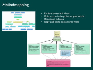 Mindmapping
• Explore ideas- edit ideas
• Colour code text- quotes vs your words
• Rearrange bubbles
• Copy and paste content into Word
 