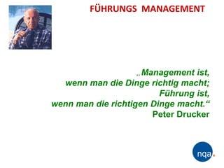 FÜHRUNGS MANAGEMENT




                    „Management ist,
  wenn man die Dinge richtig macht;
                         Führung ist,
wenn man die richtigen Dinge macht.“
                       Peter Drucker
 