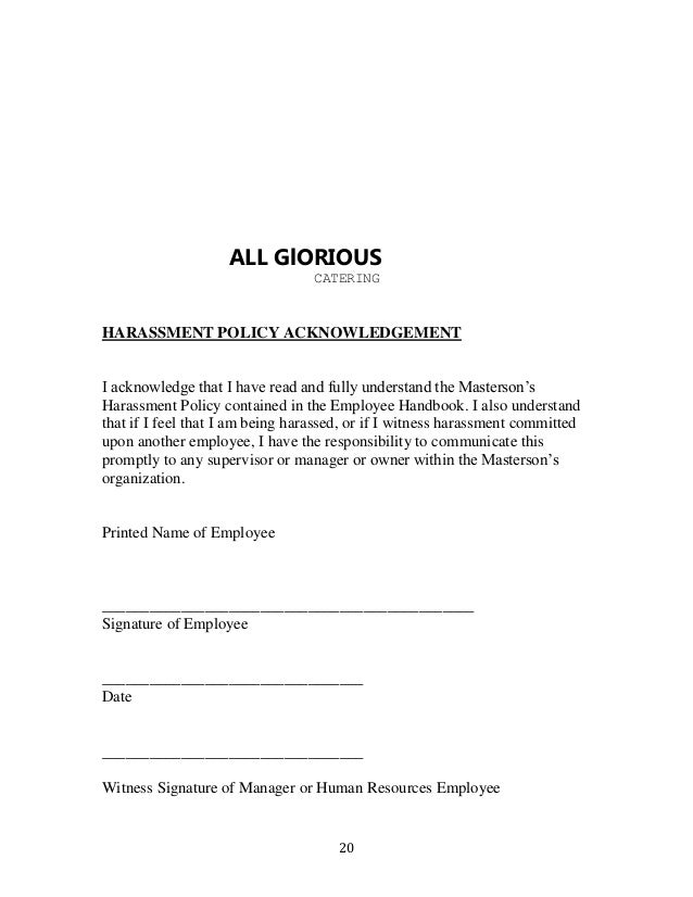 all glorious catering handbook sample acknowledgement form for employee handbook