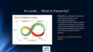 An aside … What is Panarchy?
Panarchy is a conceptual framework
to account for the dual, and
seemingly contradictory,
characteristics of all complex systems
– stability and change. It is the study
of how economic growth and human
development depend on ecosystems
and institutions, and how they
interact.
Panarchy -The Sustainable Scale
Project
 
