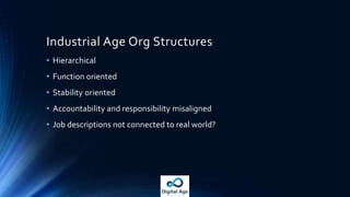Digital Age Service Team
• All the pieces exist today (kind of)
• Service Strategy
• Management and management support functions (finance, architecture, HR etc.)
• Service Design
• Architects, BRMs, BA’s, IT Procurement
• ServiceTransition
• Developers, Engineers, Project Managers,Testers
• Service Operation
• Service Delivery Managers, Service Desk Manager, Level 1/2/3 Support
• CSI
• Audit, Compliance, Enterprise Architecture …
• So surely we have service oriented execution already?Yes and no.
• The challenge is that they have to operate in org structures from the industrial age.
 