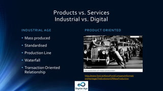 Products vs. Services
Industrial vs. Digital
INDUSTRIAL AGE PRODUCT ORIENTED
http://www.ford.ie/AboutFord/CompanyInformati
on/Heritage/TheEvolutionOfMassProduction
• Mass produced
• Standardised
• Production Line
• Waterfall
• Transaction Oriented
Relationship
 