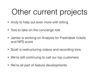 Other current projects
• Andy to help out even more with billing
• Tore to take on the concierge role
• James is working on Analysis for Freshdesk tickets
and NPS score
• Scott is restructuring videos and recording tons
• We’re still continuing to call our top customers
• We’re all part of feature developments
 