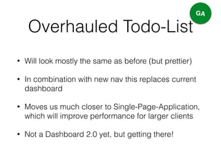Overhauled Todo-List
• Will look mostly the same as before (but prettier)
• In combination with new nav this replaces current
dashboard
• Moves us much closer to Single-Page-Application,
which will improve performance for larger clients
• Not a Dashboard 2.0 yet, but getting there!
GA
 