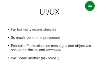 UI/UX
• Far too many inconsistencies
• So much room for improvement
• Example: Permissions on messages and objectives
should be similar, and awesome
• We’ll need another task force :)
GA
 