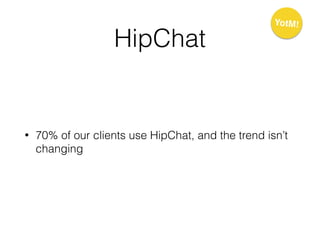 HipChat
• 70% of our clients use HipChat, and the trend isn’t
changing
YotM!
 