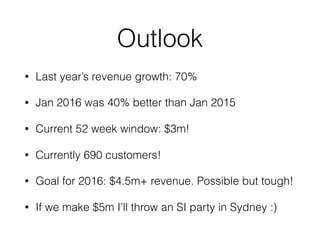 Outlook
• Last year’s revenue growth: 70%
• Jan 2016 was 40% better than Jan 2015
• Current 52 week window: $3m!
• Currently 690 customers!
• Goal for 2016: $4.5m+ revenue. Possible but tough!
• If we make $5m I’ll throw an SI party in Sydney :)
 