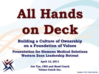 All Hands on Deck Building a Culture of Ownership on a Foundation of Values Presentation for Siemens Medical Solutions Western Zone Leadership Retreat April 12, 2011 Joe Tye, CEO and Head CoachValues Coach Inc. Copyright © 2011, Values Coach Inc.  