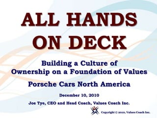 ALL HANDS ON DECK Building a Culture of Ownership on a Foundation of Values Porsche Cars North America December 10, 2010 Joe Tye, CEO and Head Coach, Values Coach Inc. Copyright © 2010, Values Coach Inc.  