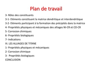 Plan de travail
3- Rôles des constituants
3-1- Eléments constituant la matrice dendritique et interdendritique
3-2- Eléments participant à la formation des précipités dans la matrice
4- Propriétés physiques et mécaniques des alliages NI-CR et CO-CR
5- Corrosion chimiques
6- Propriétés biologiques
7- Indications
III. LES ALLIAGES DE TITANE
1- Propriétés physiques et mécaniques
2- Corrosion chimique
3- Propriétés biologiques
CONCLUSION
 