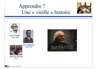 Apprendre ?
                    Une « vieille » histoire



Jean Piaget
    1896-1980



                            Lev Vigotsky
                              1896-1936




Jerome Bruner
          1915 -



© M. Lebrun, Janvier 2012
 