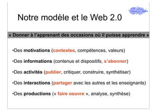 Notre modèle et le Web 2.0
« Donner à l’apprenant des occasions où il puisse apprendre »


 •Des motivations (contextes, compétences, valeurs)

 •Des informations (contenus et dispositifs, s’abonner)

 •Des activités (publier, critiquer, construire, synthétiser)

 •Des interactions (partager avec les autres et les enseignants)

 •Des productions (« faire oeuvre », analyse, synthèse)
 