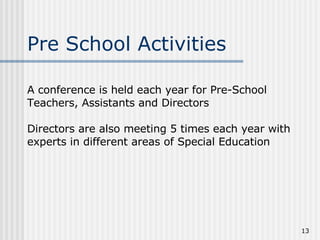 A conference is held each year for Pre-School Teachers, Assistants and Directors   Directors are also meeting 5 times each year with experts in different areas of Special Education Pre   School Activities 