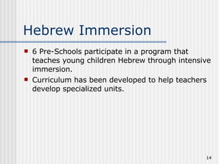 Hebrew Immersion 6 Pre-Schools participate in a program that teaches young children Hebrew through intensive immersion. Curriculum has been developed to help teachers develop specialized units.  