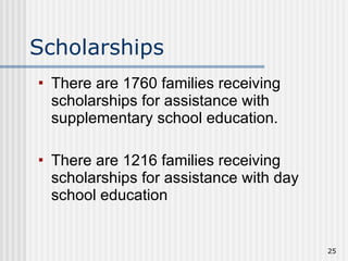 Scholarships There are 1760 families receiving scholarships for assistance with supplementary school education. There are 1216 families receiving scholarships for assistance with day school education 