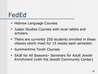 FedEd Hebrew Language Courses Judaic Studies Courses with local rabbis and scholars  There are currently 250 students enrolled in these classes which meet for 15 weeks each semester. Summertime Torah Courses SAJE for All Seasons– Seminars for Adult Jewish Enrichment (with the Jewish Community Center) 