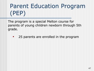 Parent Education Program (PEP) The program is a special Melton course for parents of young children newborn through 5th grade.   25 parents are enrolled in the program 