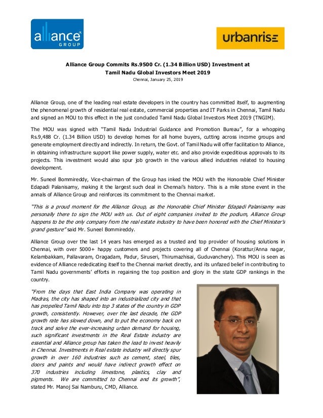 Alliance Group Commits Rs.9500 Cr. (1.34 Billion USD) Investment at