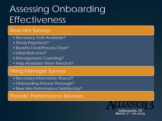 Assessing Onboarding
Effectiveness
New Hire Surveys
• Necessary Tools Available?
• Timely Paycheck?
• Benefits Enroll Proc...