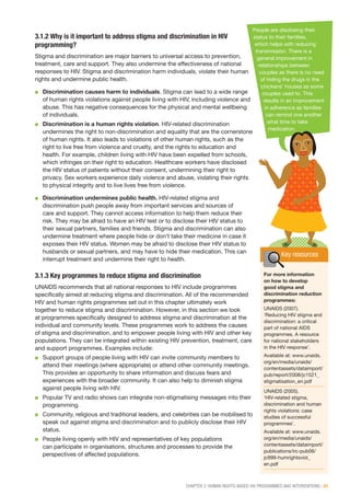 CHAPTER 3: HUMAN RIGHTS-BASED HIV PROGRAMMES AND INTERVENTIONS | 31
People are disclosing their
status to their families,
which helps with reducing
transmission. There is a
general improvement in
relationships between
couples as there is no need
of hiding the drugs in the
chickens’ houses as some
couples used to. This
results in an improvement
in adherence as families
can remind one another
what time to take
medication.
3.1.2 Why is it important to address stigma and discrimination in HIV
programming?
Stigma and discrimination are major barriers to universal access to prevention,
treatment, care and support. They also undermine the effectiveness of national
responses to HIV. Stigma and discrimination harm individuals, violate their human
rights and undermine public health.
■■ Discrimination causes harm to individuals. Stigma can lead to a wide range
of human rights violations against people living with HIV, including violence and
abuse. This has negative consequences for the physical and mental wellbeing
of individuals.
■■ Discrimination is a human rights violation. HIV-related discrimination
undermines the right to non-discrimination and equality that are the cornerstone
of human rights. It also leads to violations of other human rights, such as the
right to live free from violence and cruelty, and the rights to education and
health. For example, children living with HIV have been expelled from schools,
which infringes on their right to education. Healthcare workers have disclosed
the HIV status of patients without their consent, undermining their right to
privacy. Sex workers experience daily violence and abuse, violating their rights
to physical integrity and to live lives free from violence.
■■ Discrimination undermines public health. HIV-related stigma and
discrimination push people away from important services and sources of
care and support. They cannot access information to help them reduce their
risk. They may be afraid to have an HIV test or to disclose their HIV status to
their sexual partners, families and friends. Stigma and discrimination can also
undermine treatment where people hide or don’t take their medicine in case it
exposes their HIV status. Women may be afraid to disclose their HIV status to
husbands or sexual partners, and may have to hide their medication. This can
interrupt treatment and undermine their right to health.
3.1.3 Key programmes to reduce stigma and discrimination
UNAIDS recommends that all national responses to HIV include programmes
specifically aimed at reducing stigma and discrimination. All of the recommended
HIV and human rights programmes set out in this chapter ultimately work
together to reduce stigma and discrimination. However, in this section we look
at programmes specifically designed to address stigma and discrimination at the
individual and community levels. These programmes work to address the causes
of stigma and discrimination, and to empower people living with HIV and other key
populations. They can be integrated within existing HIV prevention, treatment, care
and support programmes. Examples include:
■■ Support groups of people living with HIV can invite community members to
attend their meetings (where appropriate) or attend other community meetings.
This provides an opportunity to share information and discuss fears and
experiences with the broader community. It can also help to diminish stigma
against people living with HIV.
■■ Popular TV and radio shows can integrate non-stigmatising messages into their
programming.
■■ Community, religious and traditional leaders, and celebrities can be mobilised to
speak out against stigma and discrimination and to publicly disclose their HIV
status.
■■ People living openly with HIV and representatives of key populations
can participate in organisations, structures and processes to provide the
perspectives of affected populations.
Key resources
For more information
on how to develop
good stigma and
discrimination reduction
programmes:
UNAIDS (2007).
‘Reducing HIV stigma and
discrimination: a critical
part of national AIDS
programmes. A resource
for national stakeholders
in the HIV response’.
Available at: www.unaids.
org/en/media/unaids/
contentassets/dataimport/
pub/report/2008/jc1521_
stigmatisation_en.pdf
UNAIDS (2005).
‘HIV-related stigma,
discrimination and human
rights violations: case
studies of successful
programmes’.
Available at: www.unaids.
org/en/media/unaids/
contentassets/dataimport/
publications/irc-pub06/
jc999-humrightsviol_
en.pdf
 