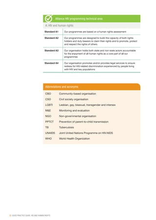 2 | GOOD PRACTICE GUIDE: HIV AND HUMAN RIGHTS
Alliance HIV programming technical area
A: HIV and human rights
Standard A1 Our programmes are based on a human rights assessment
Standard A2 Our programmes are designed to build the capacity of both rights
holders and duty bearers to claim their rights and to promote, protect
and respect the rights of others
Standard A3 Our organisation holds both state and non-state actors accountable
for the enjoyment of all human rights as a core part of all our
programmes
Standard A4 Our organisation promotes and/or provides legal services to ensure
redress for HIV-related discrimination experienced by people living
with HIV and key populations
Abbreviations and acronyms
CBO	 Community-based organisation
CSO	 Civil society organisation
LGBTI	 Lesbian, gay, bisexual, transgender and intersex
M&E	 Monitoring and evaluation
NGO	 Non-governmental organisation
PPTCT	 Prevention of parent-to-child transmission
TB	Tuberculosis
UNAIDS	 Joint United Nations Programme on HIV/AIDS
WHO	 World Health Organization
 