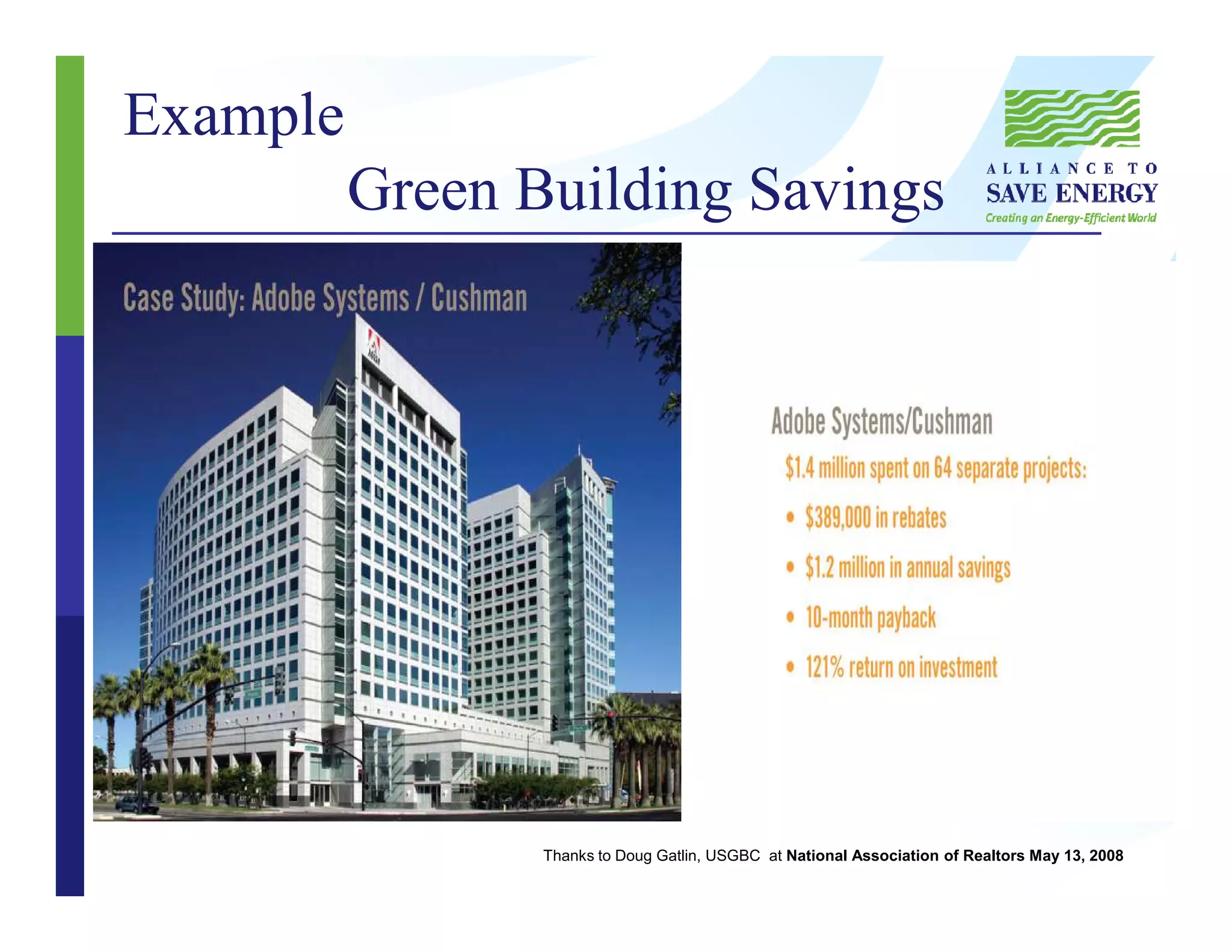 Example
Green Building Savings
Thanks to Doug Gatlin, USGBC at National Association of Realtors May 13, 2008