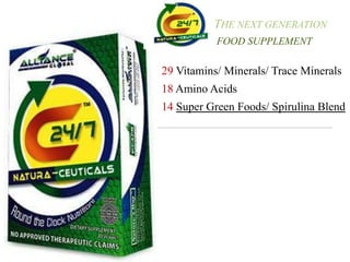 THE NEXT GENERATION
FOOD SUPPLEMENT
29 Vitamins/ Minerals/ Trace Minerals
18 Amino Acids
14 Super Green Foods/ Spirulina Blend
 
