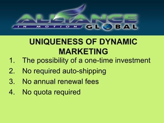 UNIQUENESS OF DYNAMIC
             MARKETING
1.   The possibility of a one-time investment
2.   No required auto-shipping
3.   No annual renewal fees
4.   No quota required
 