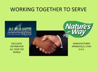 WORKING TOGETHER TO SERVE




 EXCLUSIVE           MANUFACTURER
DISTRIBUTOR         SPRINGVILLE, UTAH
ALL OVER THE              U.S.A.
   WORLD
 