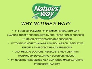 WHY NATURE’S WAY?
   • #1 FOOD SUPPLEMENT / #1 PREMIUM HERBAL COMPANY
>NASDAQ TRADED / RECOGNIZED BY FDA / BFAD / HALAL / KOSHER
         • 1ST MAJOR CERTIFIED ORGANIC PRODUCER
• 1ST TO SPEND MORE THAN A MILLION DOLLARS ON LEGISLATIVE
           EFFORTS TO PROTECT HEALTH FREEDOMS
   • 200+ MEDICAL DOCTORS, HERBALISTS AND SCIENTISTS
        WORKING ON DEVELOPING A SUPERIOR PRODUCT
• 1ST INDUSTRY RECOGNIZED AS A GMP (GOOD MANUFACTURING
                    PROCESSES) FACILITY
 