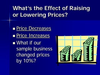 What’s the Effect of Raising
or Lowering Prices?

 Price Decreases
 Price Increases

 What if our
  sample business
  changed prices
  by 10%?
 